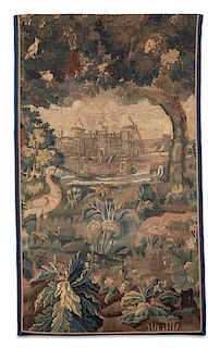 Flemish Baroque tapestry fragment, flora & fauna