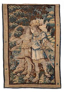 A Flemish Baroque tapestry fragment, lady & gent