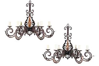 Pair  Baroque style  metal six light chandeliers