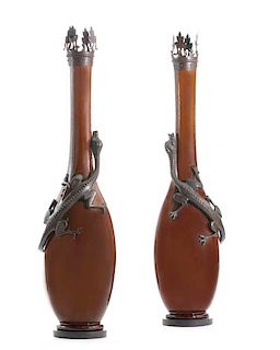 Pair of bronze mounted glazed earthenware vases