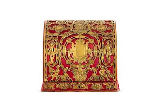 Gilt bronze mounted red silk stationary table box