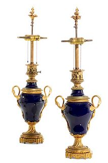 Pair  Louis XV style  bronze and porcelain lamps