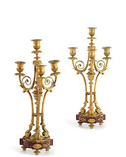Pair of Louis XVI style bronze, marble candelabra
