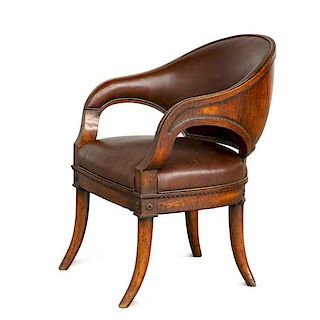 Neoclassical walnut barrel back library armchair