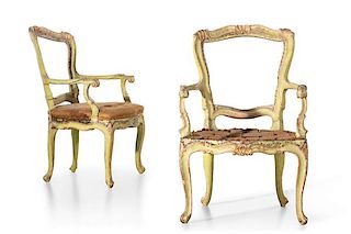 A pair of Italian Rococo style painted armchairs