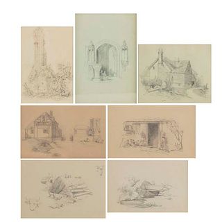 Seven architectural study pencil drawings