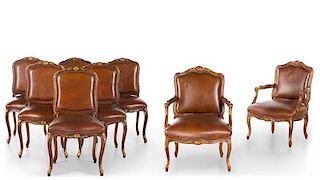 Eight Louis XV style beechwood dining chairs