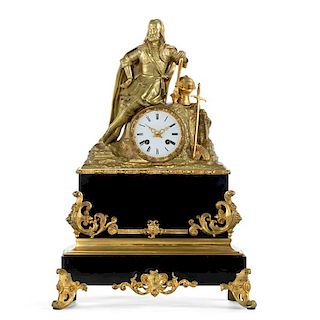 French gilt bronze and slate figural mantel clock