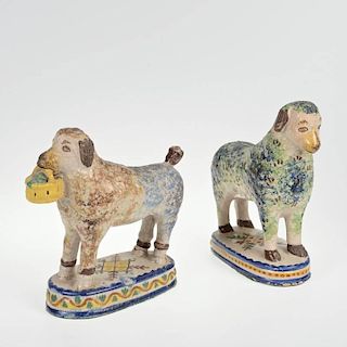 Continental sponge decorated faience sheep and dog