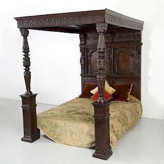 Elizabethan carved and paneled oak tester bed