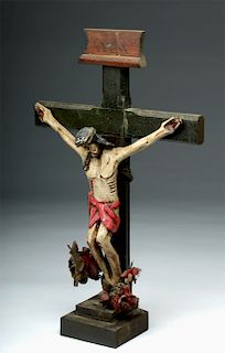 19th C. Spanish Colonial Wood Crucified Christ on Cross