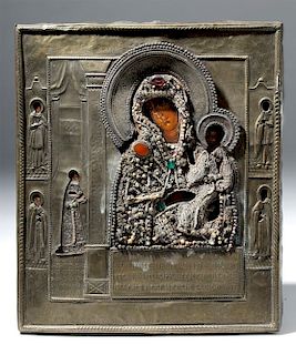19th C. Russia Icon w/Brass & Bead Oklad Virgin of Kiss