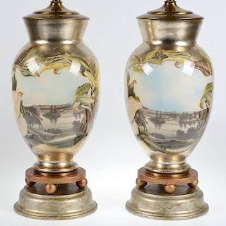 Pair Victorian style decoupage lamps