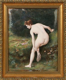 HAND ENAMELED FRENCH PLAQUE OF THE BATHER C.1910