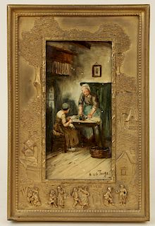 HAND PAINTED TILE IN BRONZE FRENCH FRAME C.1880