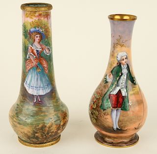 TWO FRENCH ENAMEL ON COPPER VASES SIGNED