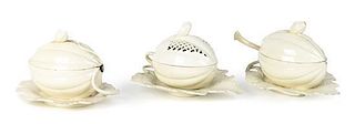 Three English Creamware Pottery Melon Covered Tureens, Height 5 x width 7 x depth 9 inches.