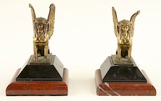 PAIR 19TH C. GILT BRONZE MARBLE SPHINX BOOKENDS