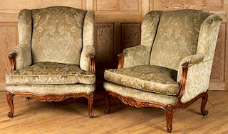 PAIR OVERSIZED LOUIS XV CARVED BERGERES CHAIRS