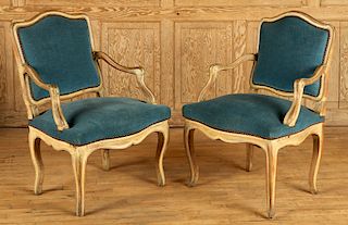 PAIR EARLY 19TH C. FRENCH OPEN ARM CHAIRS CARVED