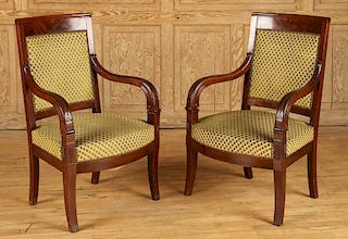 PAIR RESTORATION STYLE 19TH C. OPEN ARM CHAIRS