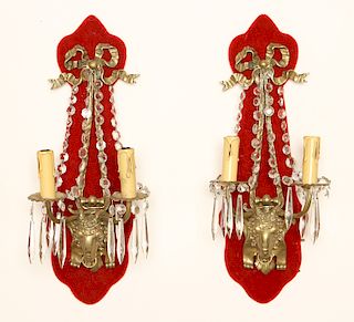 PAIR FRENCH BRONZE CRYSTAL WALL SCONCES C.1940