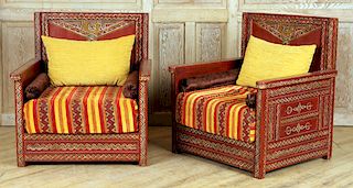 PAIR TURKISH STYLE HAND PAINTED CHAIRS DECORATED