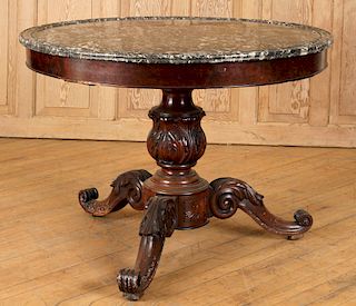 19TH C. FRENCH MAHOGANY MARBLE TOP CENTER TABLE