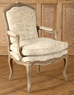 FRENCH PAINTED CARVED LOUIS XVI STYLE ARM CHAIR