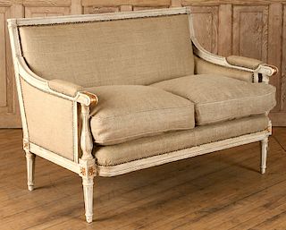PAINTED AND GILT LOUIS XVI STYLE SETTEE BURLAP