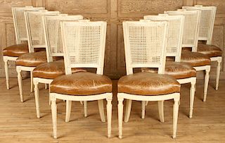8 LOUIS XV CANE BACK LEATHER DINING CHAIRS C.1940