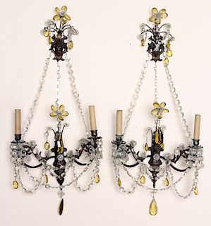 PAIR REGENCY STYLE BRASS CRYSTAL WALL SCONCES