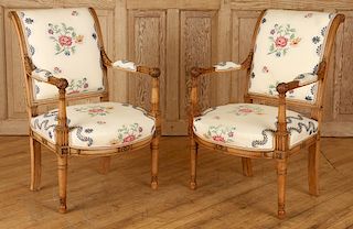 PAIR LOUIS XVI STYLE UPHOLSTERED ARM CHAIRS