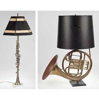 Antique French horn and oboe mounted as lamps