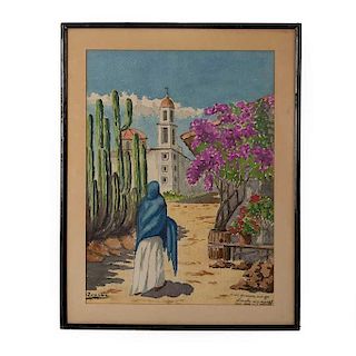Firmado Zamudio. Vista de iglesia con bugambilias y cactus. Acuarela sobre papel. Enmarcada en madera. Con dedicatoria.
