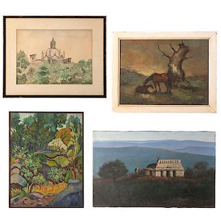 Lote de 4 obras pictóricas. 3 óleos sobre tela y una acuarela sobre papel. Consta de: Caballos, Paisaje, Iglesia y Palenque.