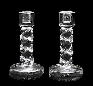 A Pair of Steuben Glass Twist Crystal Candlesticks, Height 8 1/2 inches.