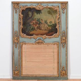 Antique Louis XV style painted, gilt trumeau mirror