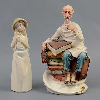 Lote de 2 figuras decorativas. Italia y España. Consta de: niña con flor y médico. Elaboradas en porcelana. Una Capodimonte.