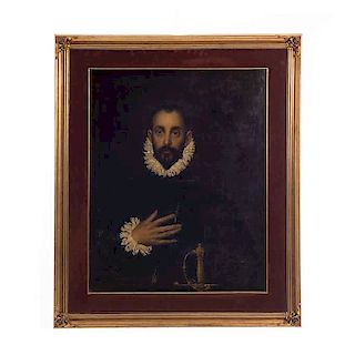 "El caballero de la mano al pecho". Siglo XX. Óleo sobre tela. Copia de Doménikos Theotokópoulos "El Greco". Enmarcado en madera dorada