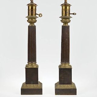 Pair Restauration bronze columnar carcel lamps