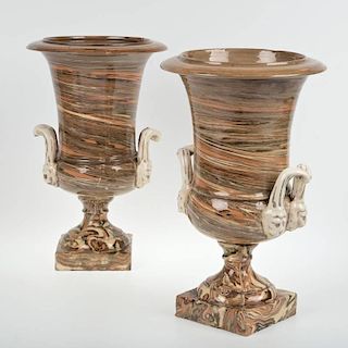 Pair Apt surface agateware campana urns