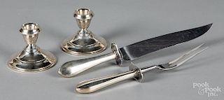Pair of weighted sterling silver candlesticks, etc.