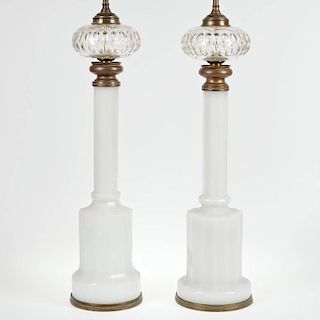 Pair Napoleon III white opaline glass banquet lamps