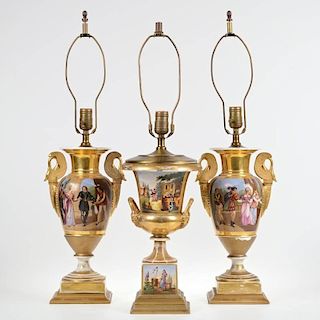 (3) Old Paris hand-painted porcelain urn lamps