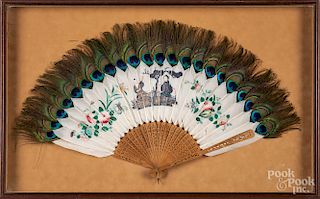 Chinese painted hand fan, in a shadowbox frame