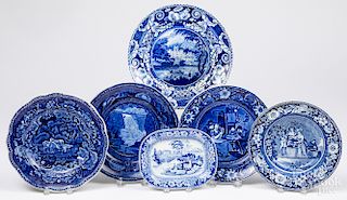 Four blue Staffordshire plates, etc.