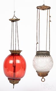 Two Victorian hanging glass lights.