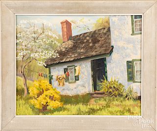 Oil on canvas landscape with cottage, etc.