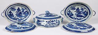 Three Chinese export blue and white covered dishes